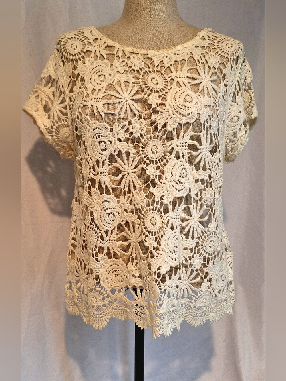 No Boundaries Cream Crochet Lace Short Sleeve Top
